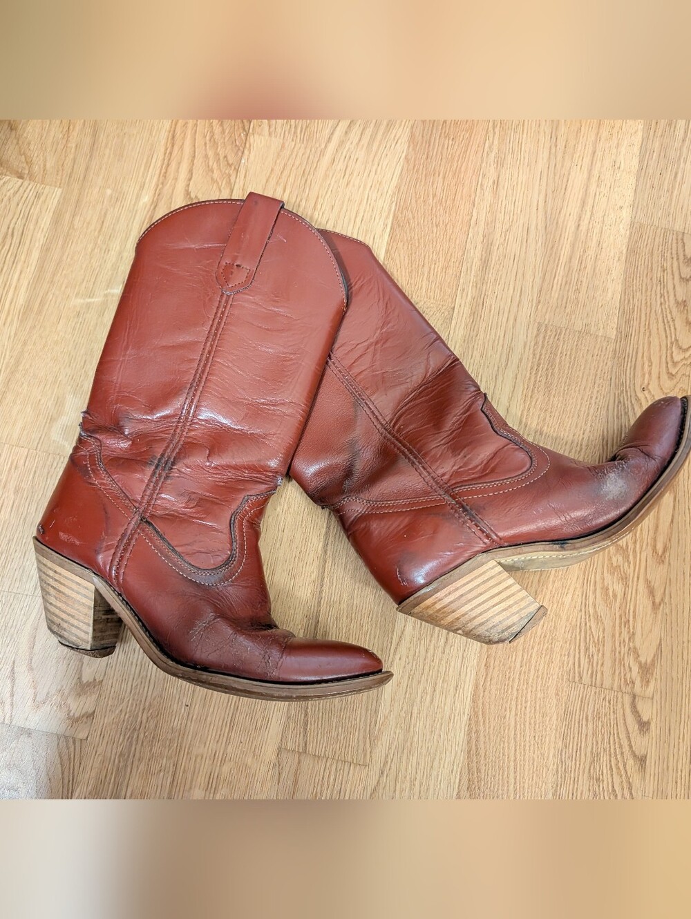 Vintage Frye Chestnut Brown Leather Western Heeled Boots